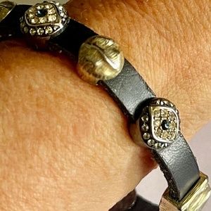 Slick Black Leather Bracelet with Evil Eye Stations and Magnetic Clasp